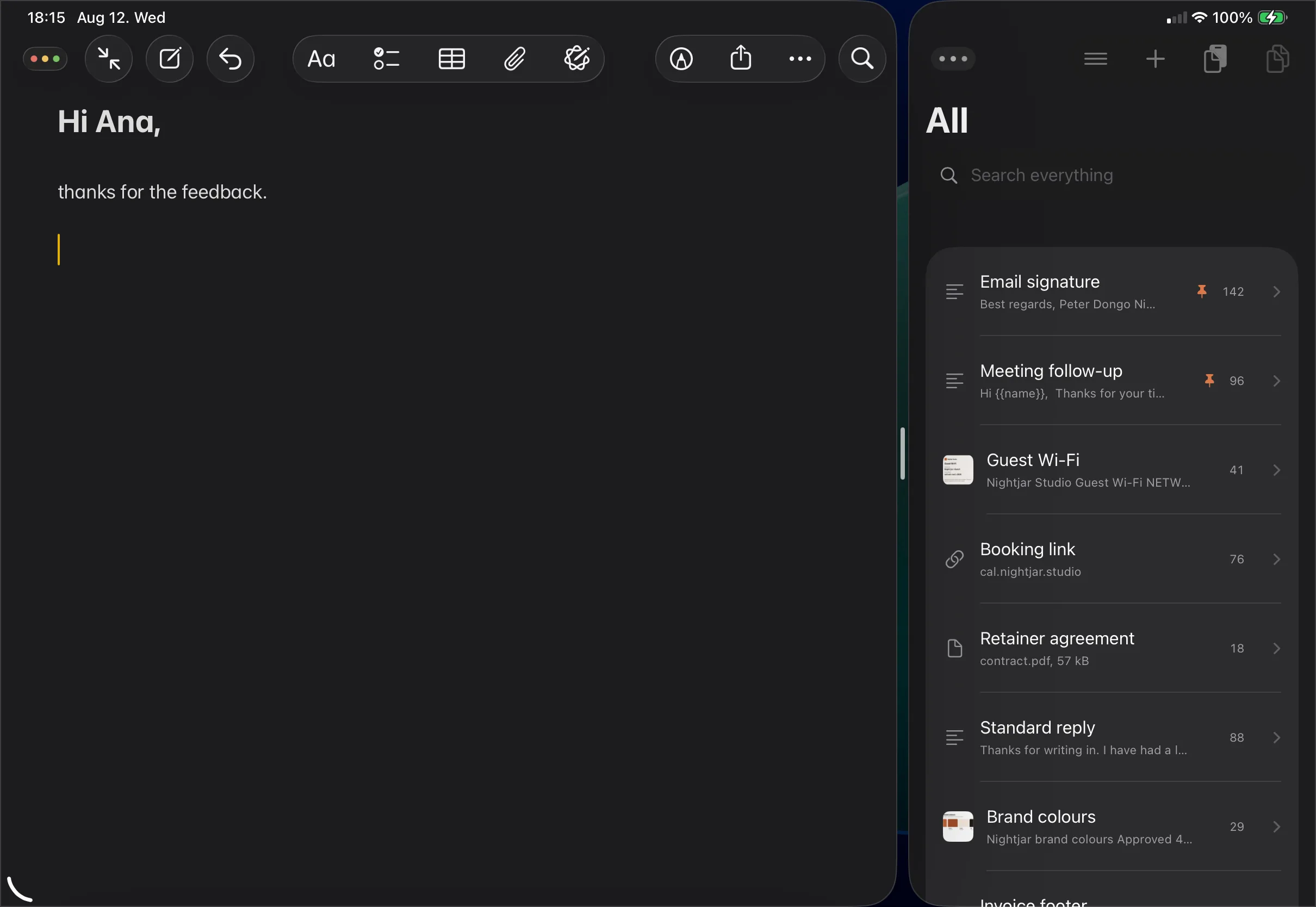 Fingertips in a narrow window beside a document on iPad