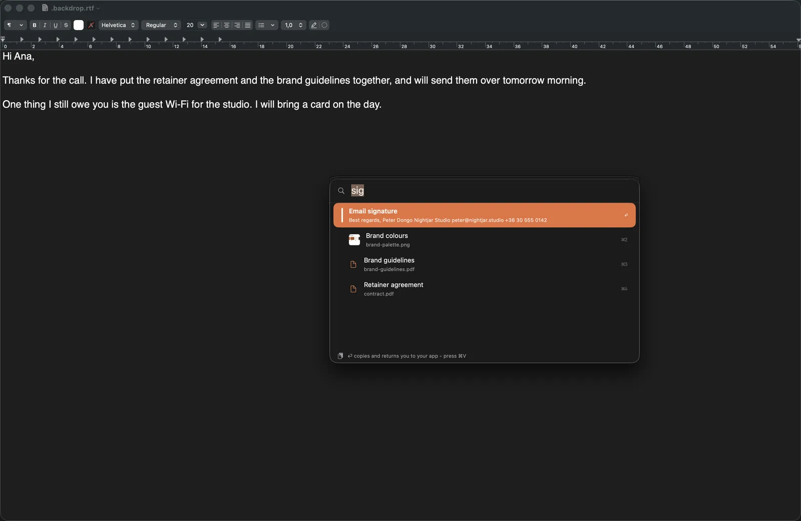 The Fingertips palette open over a document on macOS