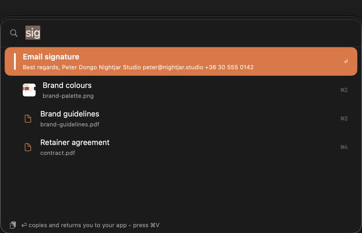 The Fingertips palette on macOS, top result selected