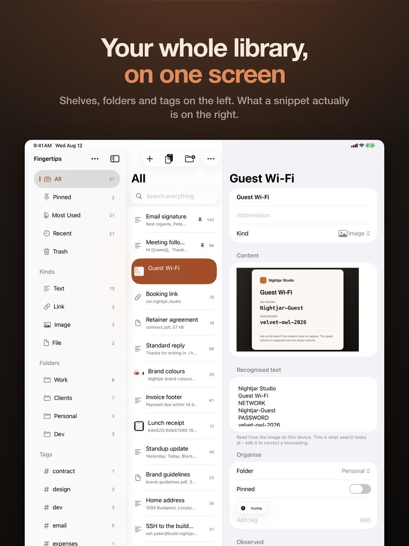 The Fingertips library on iPad, showing shelves, folders and tags.