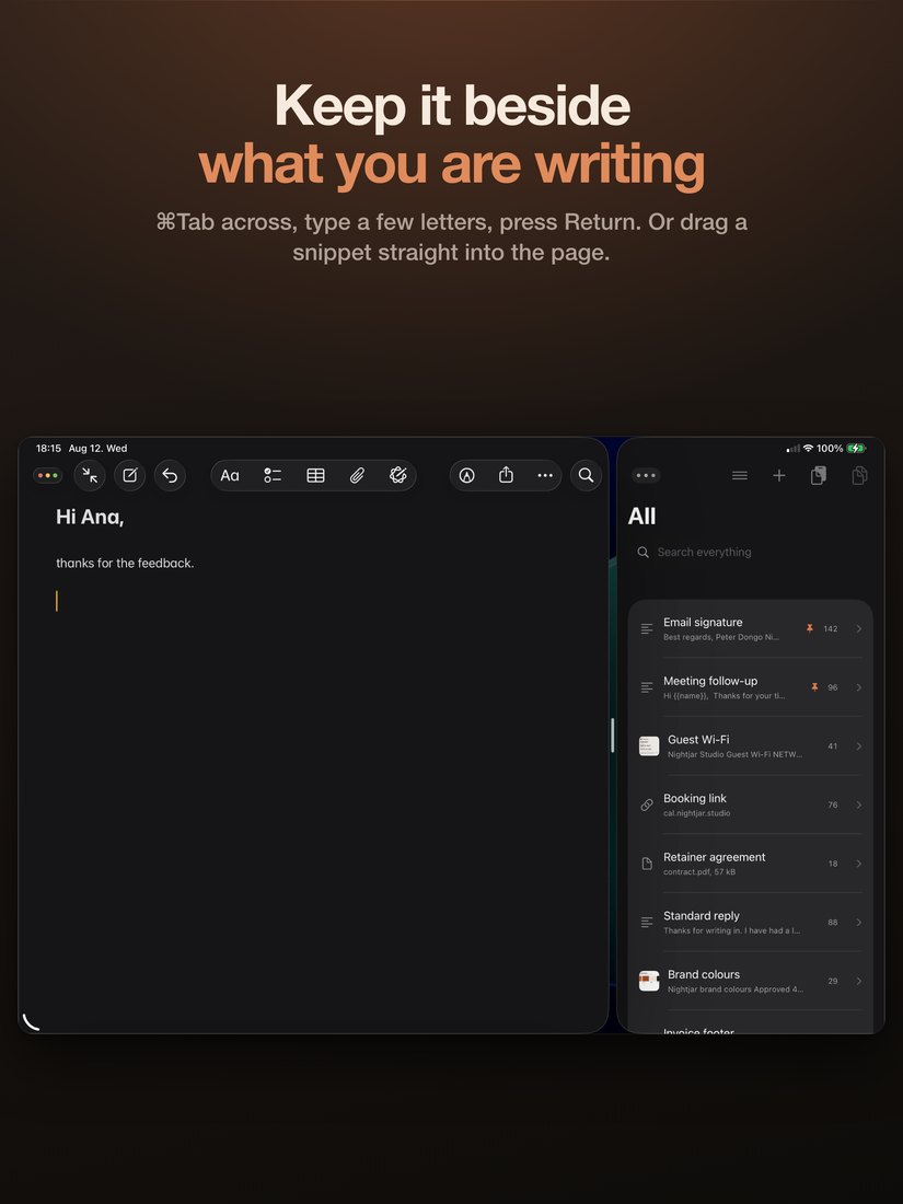 Fingertips in a narrow window on iPad beside a document being written.