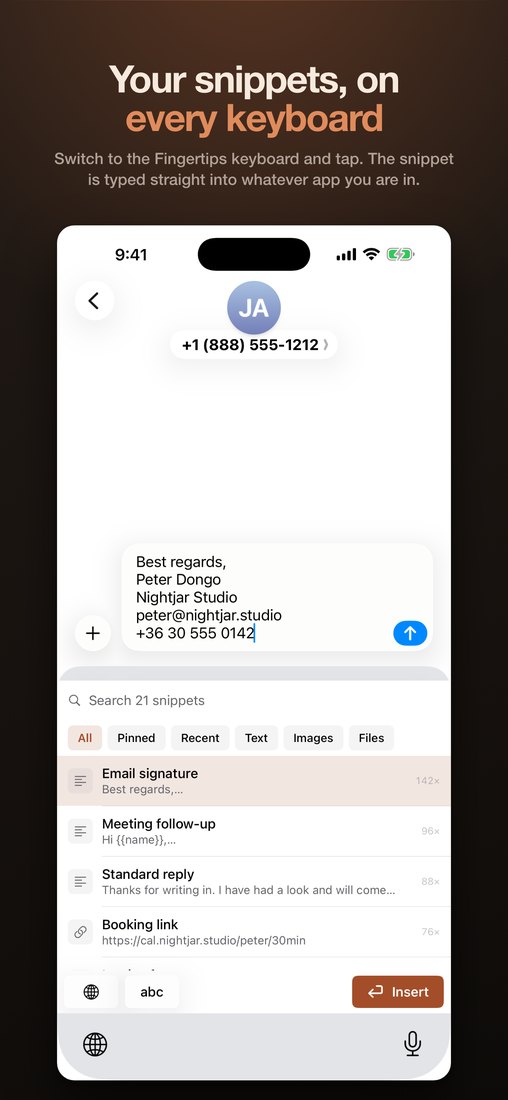 The Fingertips custom keyboard inserting a snippet into another app on iPhone.