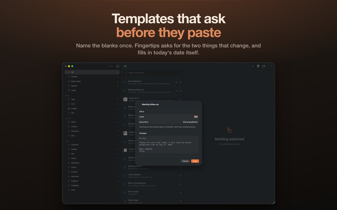 A snippet with named blanks prompting for values as it is pasted.